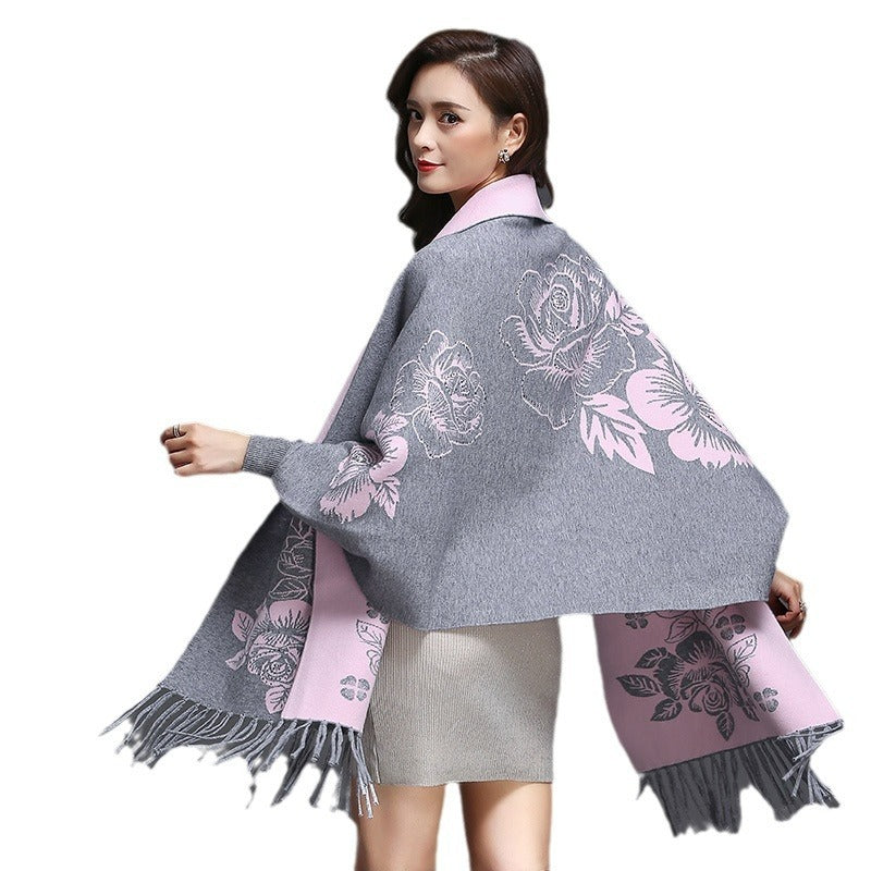 Mid-length Cashmere Cardigan Shawl with Tassels & Flower Print