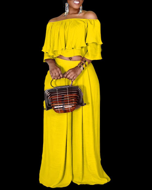 Yellow Off The Shoulder Ruffle Top & Wide-leg Pants Suit