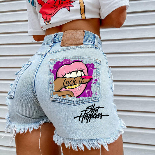 Women Hot, Ripped Denim Shorts with Mouth Biting Finger Print