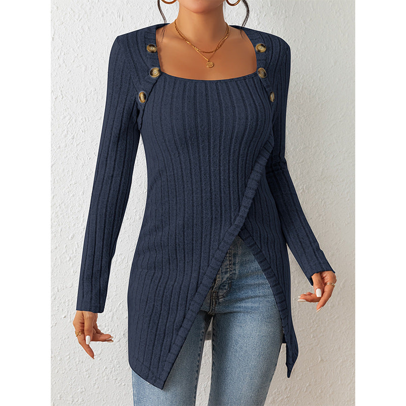 Ladies Blue Slit comfort Square-Neck Sweater