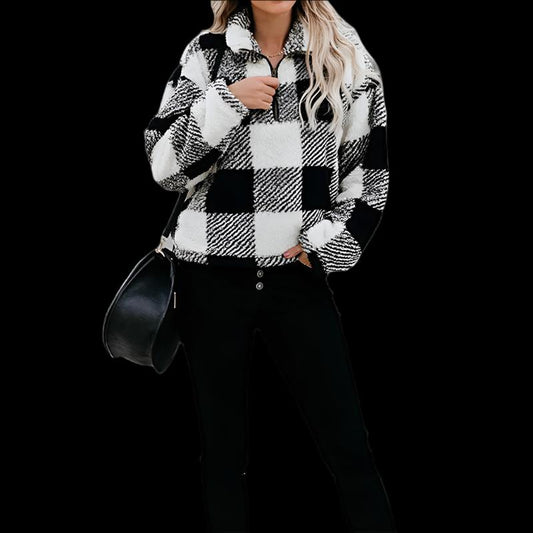 Thick Collar Plaid Sweatshirt Zipper Jumper