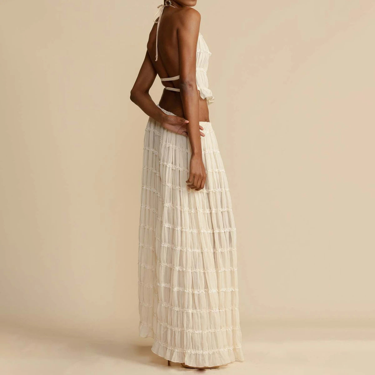 Sexy Backless Halter Top & Pleated Long Skirt Set