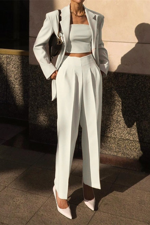 Ladies High Waist White Loose Commuter Style Cropped Trousers