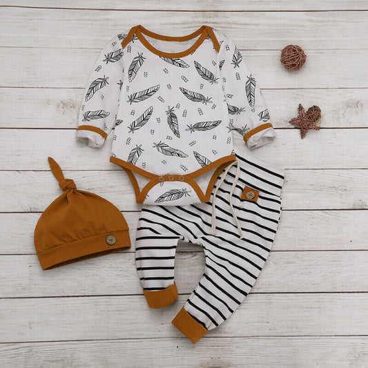 Baby Set - Striped Pants & Printed Feather Long Sleeve Vest with Matching Beanie Hat