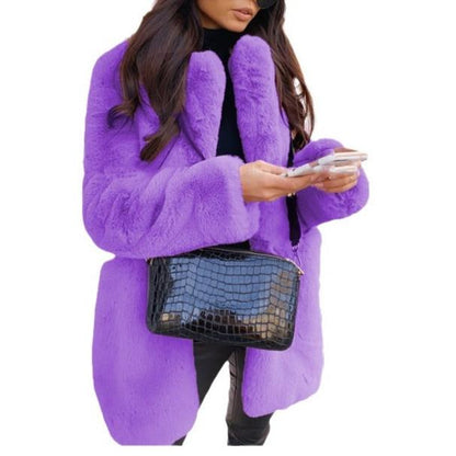 Purple Women Temperament Lapel Faux Fur Coat Solid Color Coat