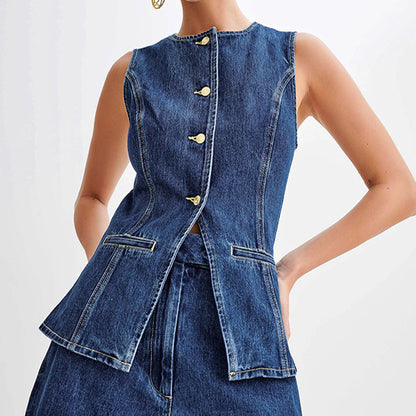 Hot Denim Sleeveless Suit with Button Vest Top And High Waist Shorts