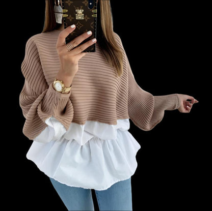 Coffee Knit Stitching Loose Shirt Top