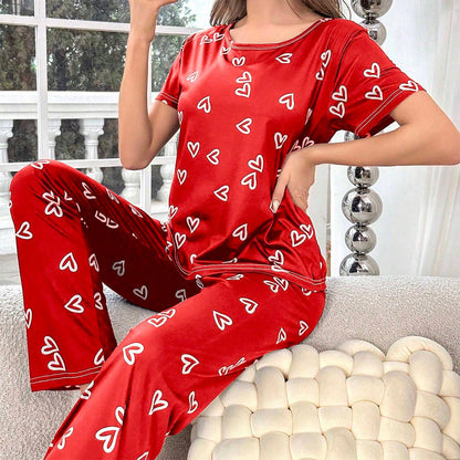 Love Heart Print Round Neck Short-Sleeve Pajama Set