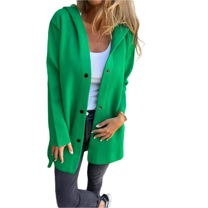 Green Loose Casual Hooded Single-Breasted Spring & Autumn Cardigan