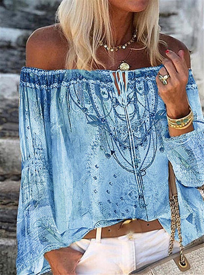 Ladies Blue Printed V-neck Off the Shoulder Chiffon Blouse