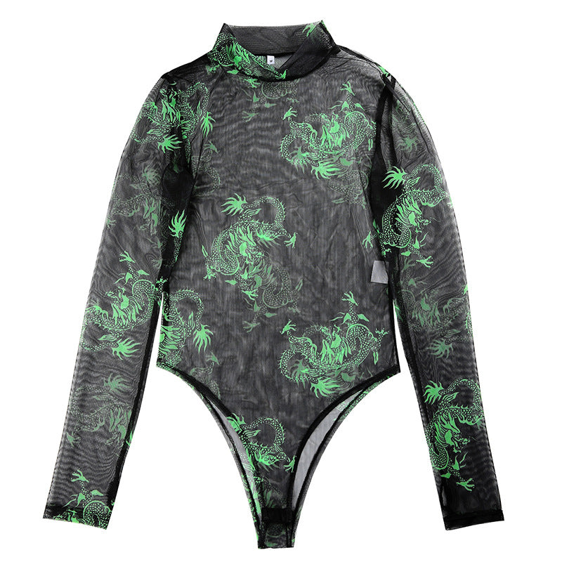 Dragon Print Mesh Bodysuit: Edgy Elegance