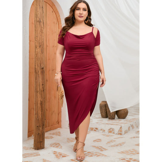 Wine Red Stunning Plus Size Evening Dress & Shoulder Jacket