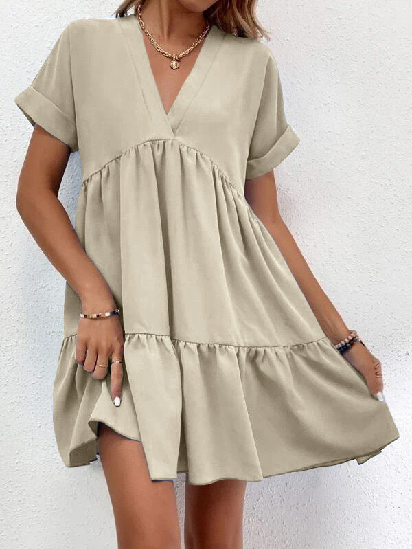 Khaki Front view of Ladies Short-sleeved V-neck Ruffled Summer Dress