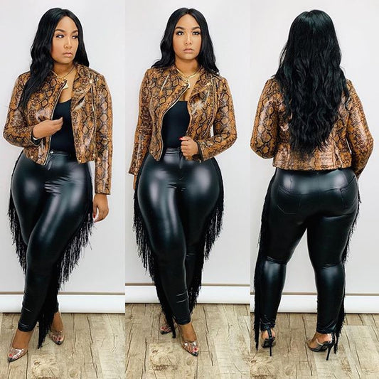 Plus Size PU Leather Pants with Tassels