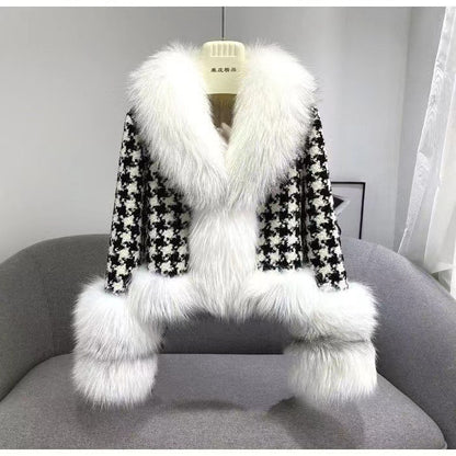 Women's Short Houndstooth Coat with Fox Fur Trim & Collar