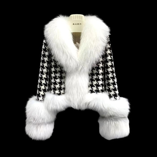 Women's Short Houndstooth Coat with Fox Fur Trim & Collar