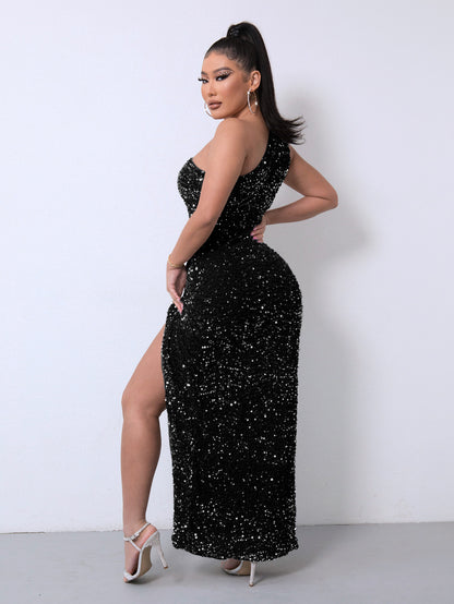 Black One Shoulder Slash Sequins Dress