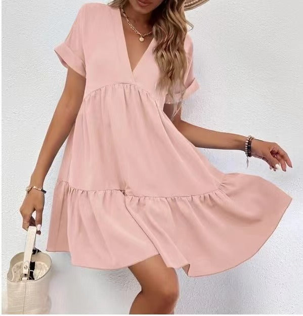 Short-Sleeved V-Neck Ruffled Summer Dress for Ladies