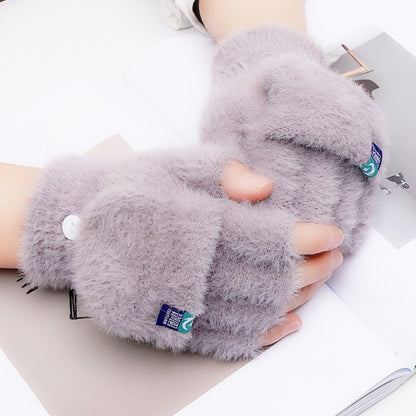 Plush Female Winter Warm Exposed Finger Flip Gloves