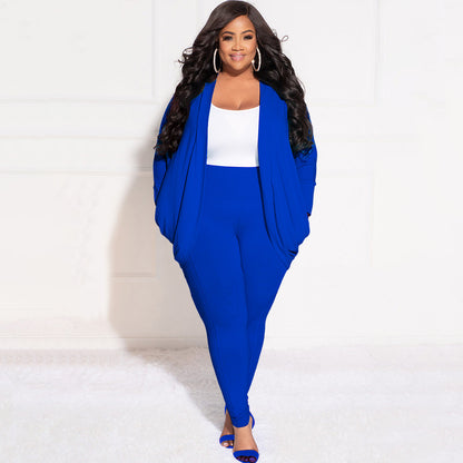 Blue Plus Size Drape Cardigan and Leggings Suit