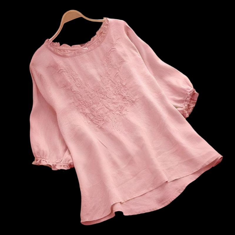 Pink Ruffle Short Sleeve, Embroidered Plus Size Top