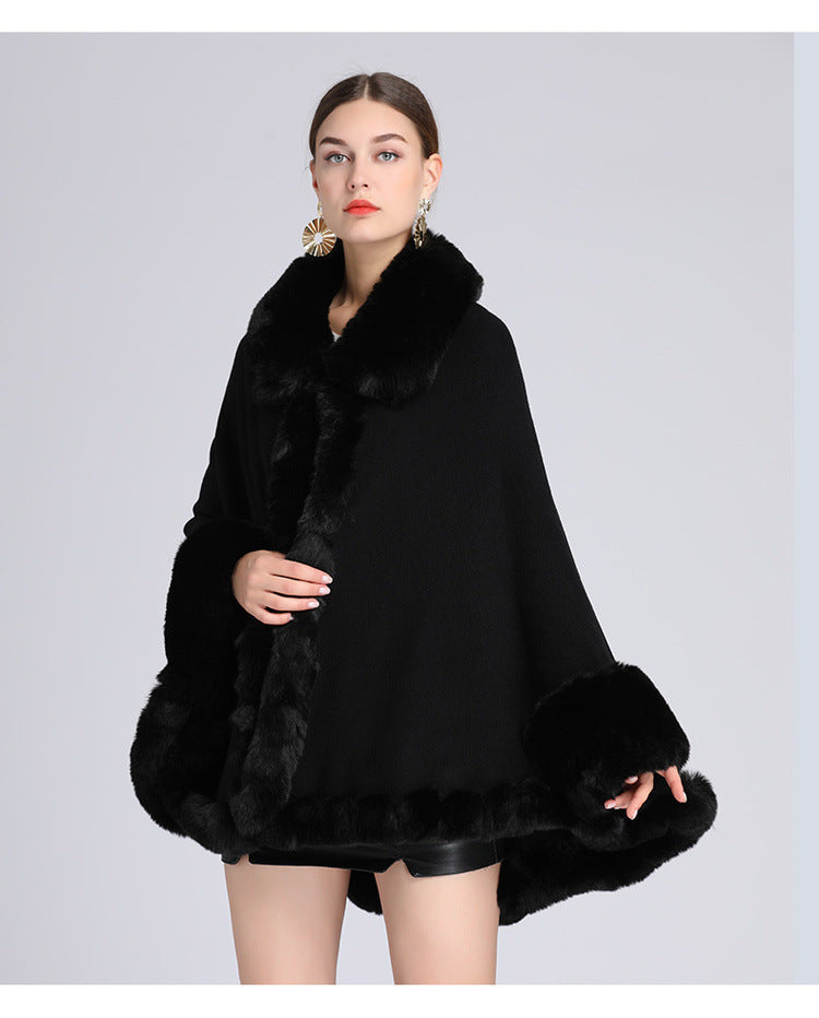 Rex Rabbit Fur Collar Shawl Cape Knitted