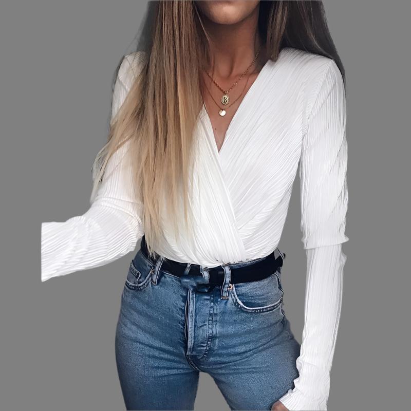 Solid Color  Long-sleeved V-neck Wrap Style Bodysuit