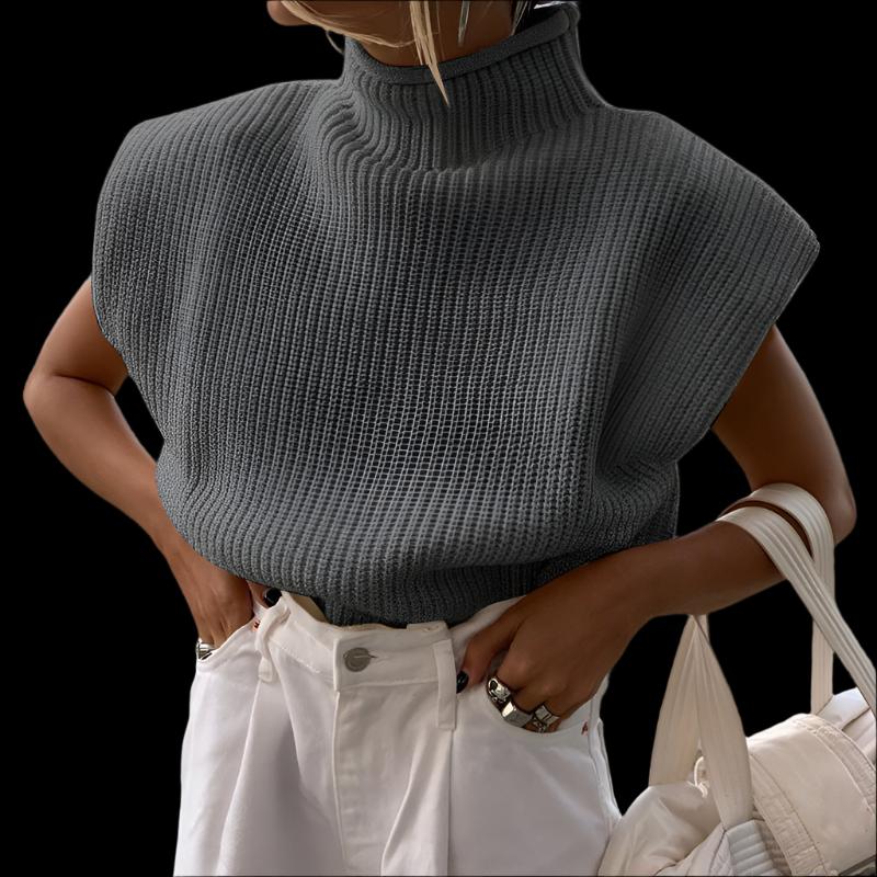 Grey Women's Knitted Turtleneck Short Sleeve Sweater