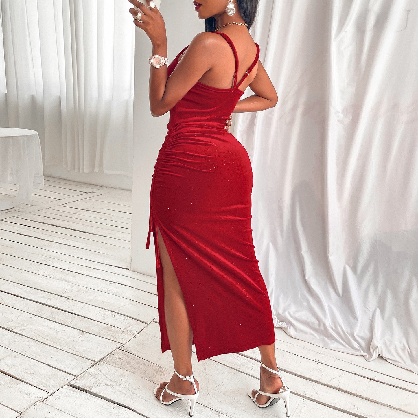 Ladies Long Gorgeous Star Dust Red Evening Dress With Slit