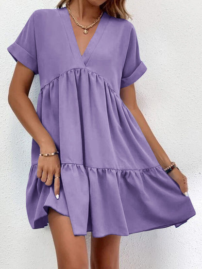 Short-Sleeved V-Neck Ruffled Summer Dress for Ladies