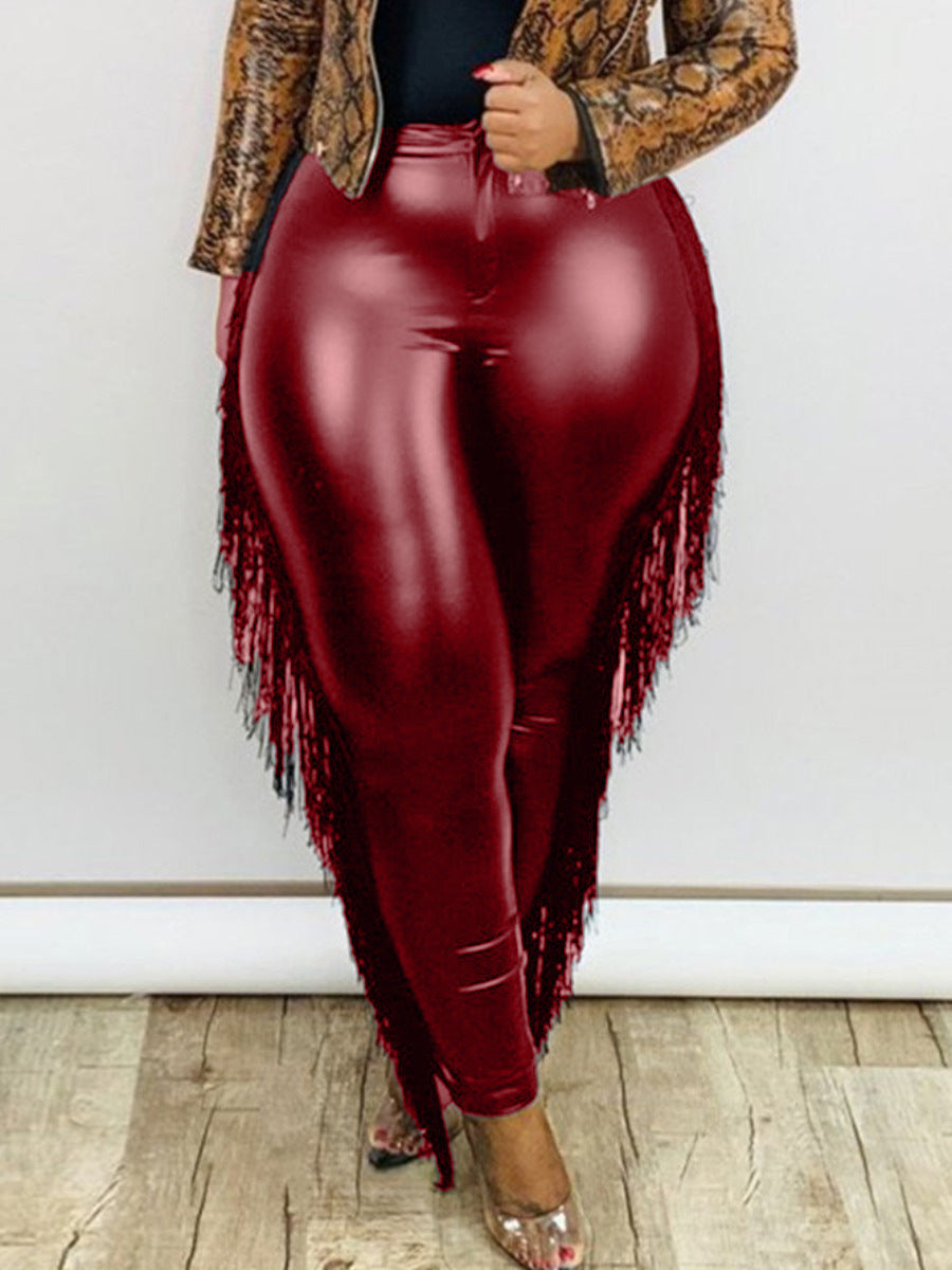 Plus Size PU Leather Pants with Tassels