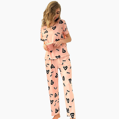 Love Heart Print Round Neck Short-Sleeve Pajama Set