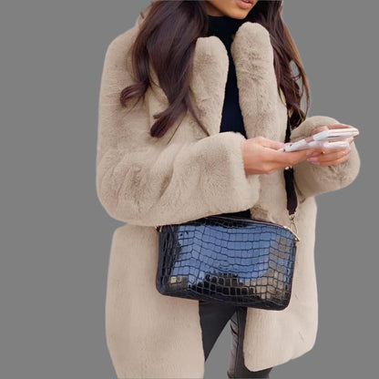 Women Temperament Lapel Faux Fur Coat Solid Color Coat