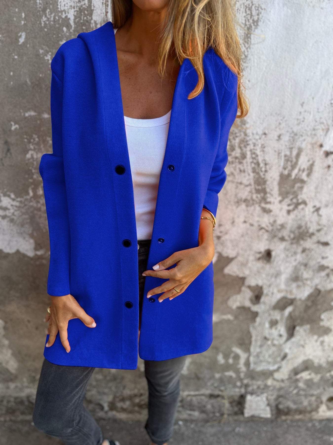 Blue Loose Casual Hooded Single-Breasted Spring & Autumn Cardigan