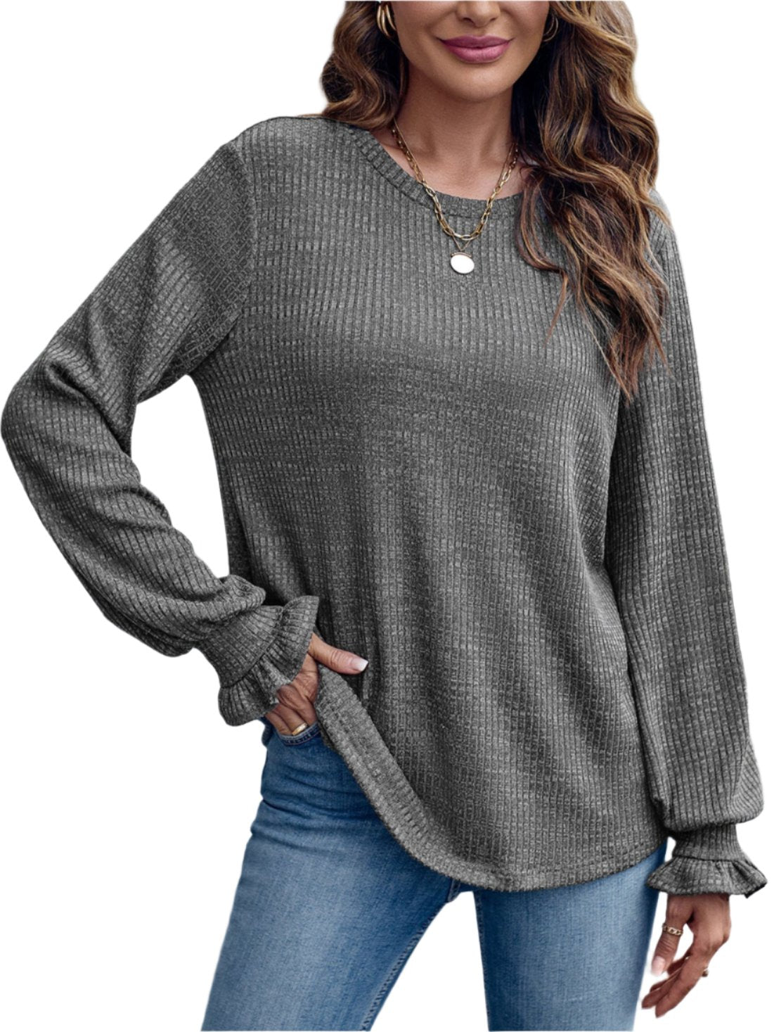 Grey Relaxed Frill Cuff Women's Top