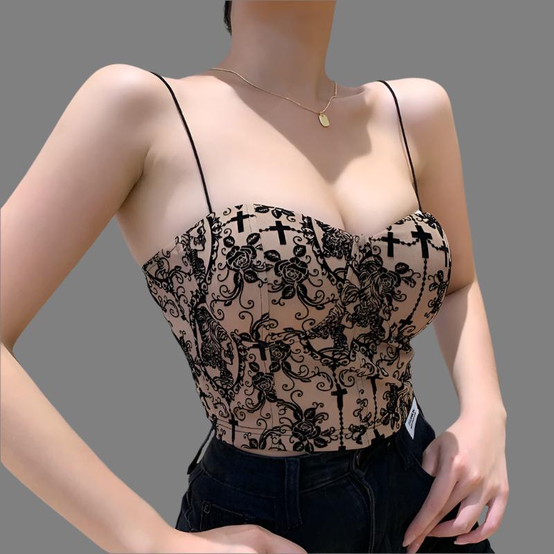 Embroidered Black Lace Pattern Short Strappy Camisole