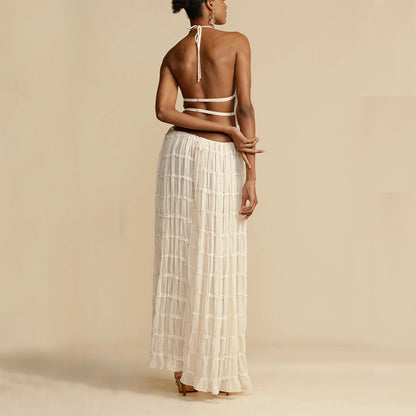 Sexy Backless Halter Top & Pleated Long Skirt Set