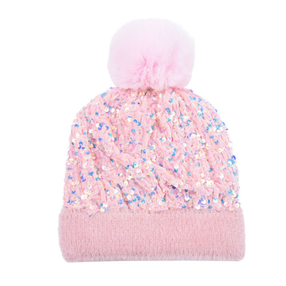 New Sequin Woolen Hat with Large Detachable Pom-pom