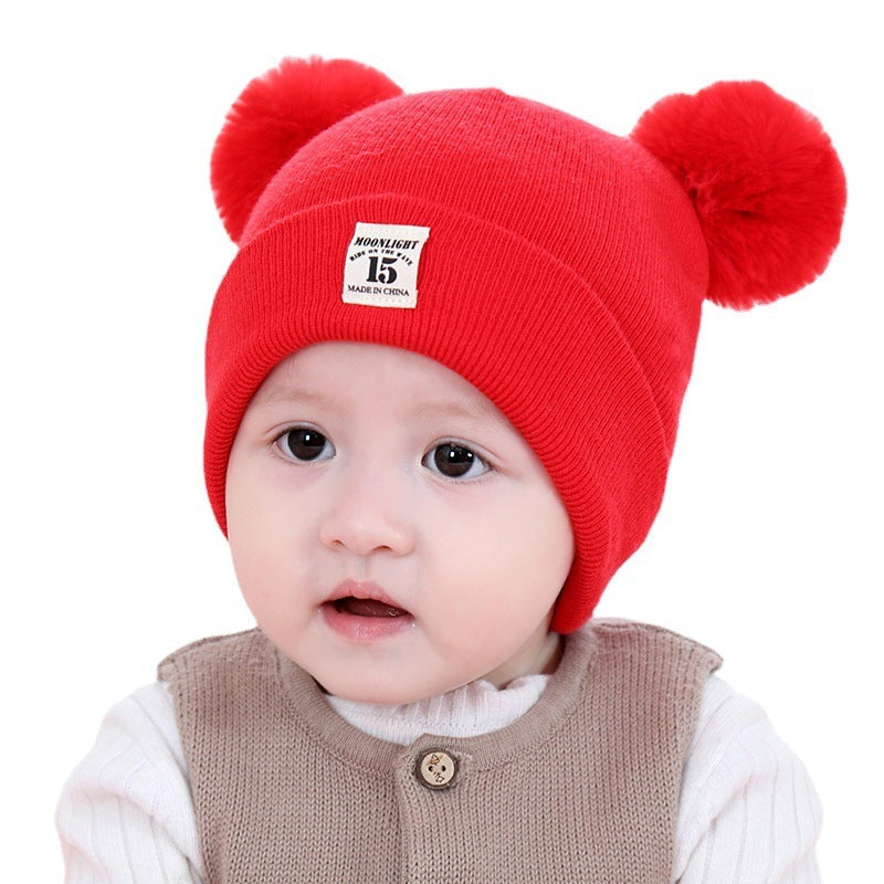 Cute Solid Color Knitted Baby Hat with pompom ears