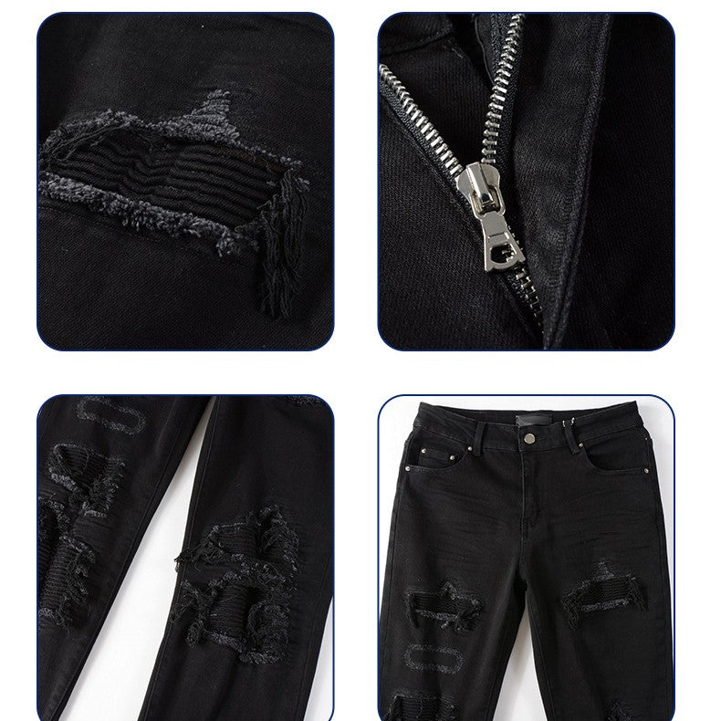 Black Patch Pleated Jeans: Urban Edge and Classic Comfort