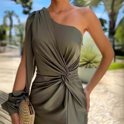 Diagonal Shoulder Knot Split, Solid Army Green Color Slim Fit Evening Dress