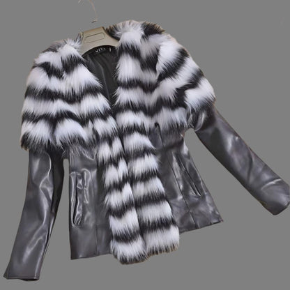 Faux Fur Collar Slim Fit PU Leather Jacket