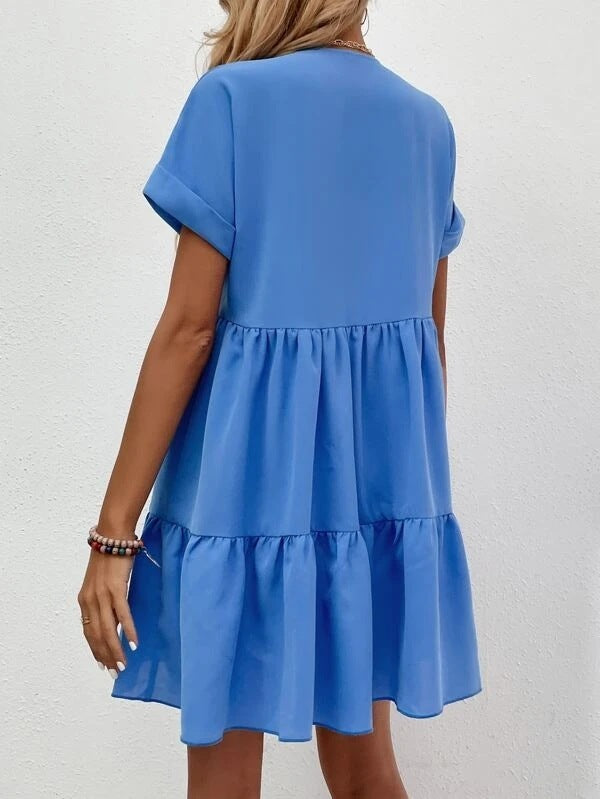 Back view of Ladies Short-sleeved V-neck Ruffled Summer Dress