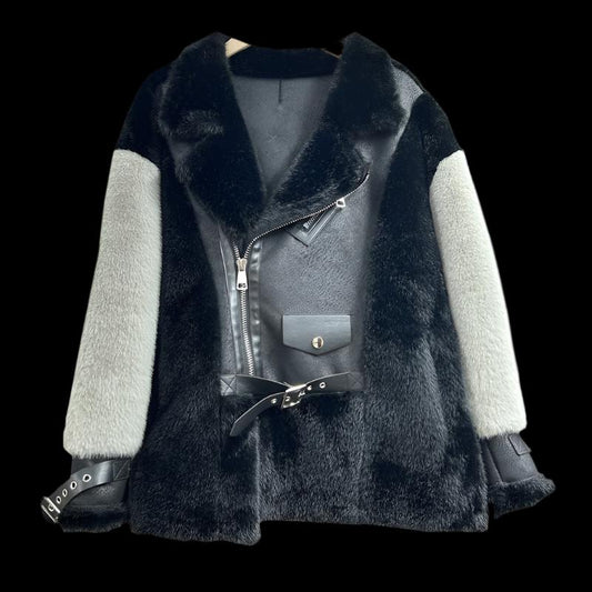 Mixed Faux Mink Fur & Leather Leisure Motorcycle  Jacket