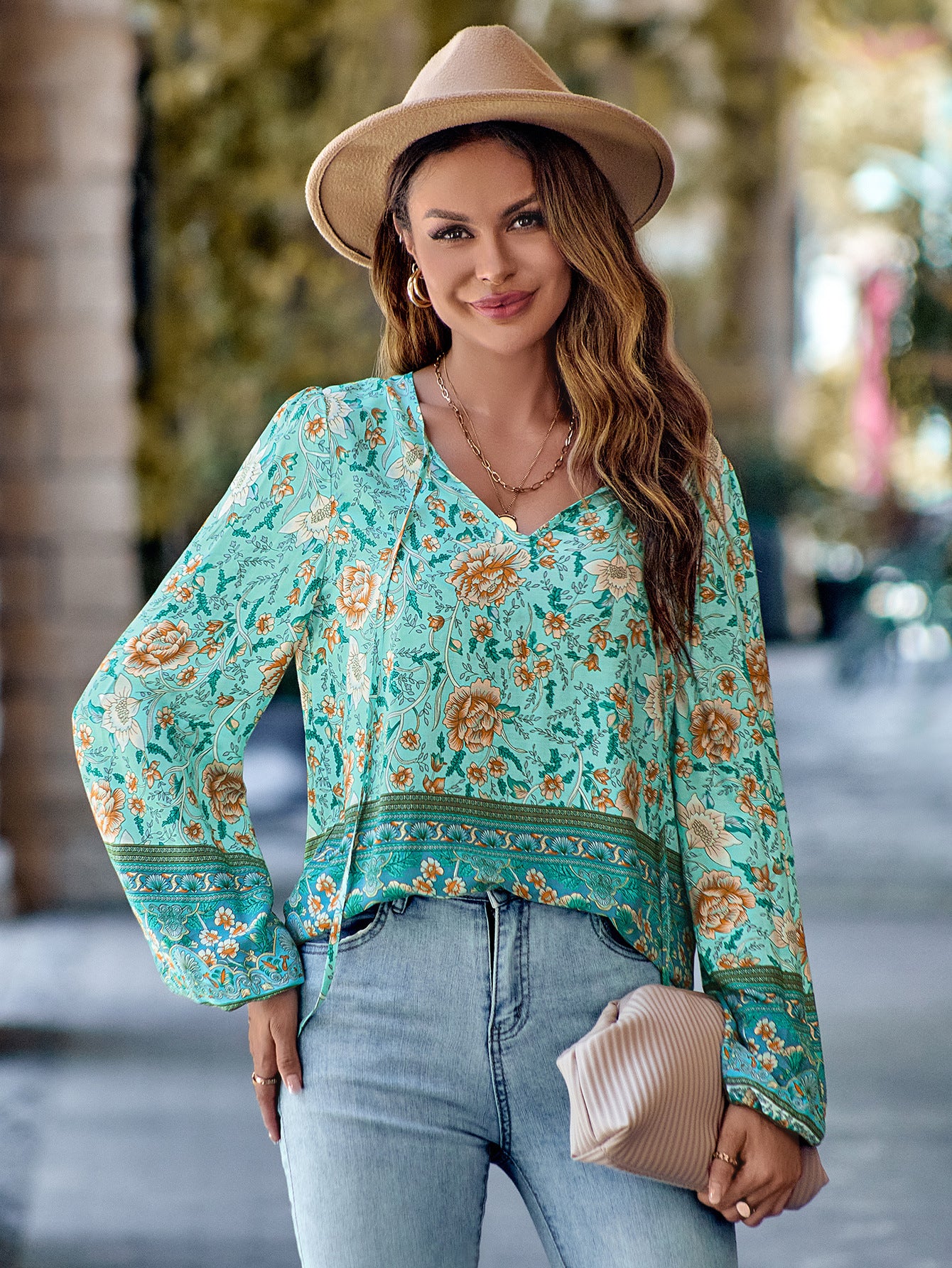 Printed Flower Design V-neck Loose Top