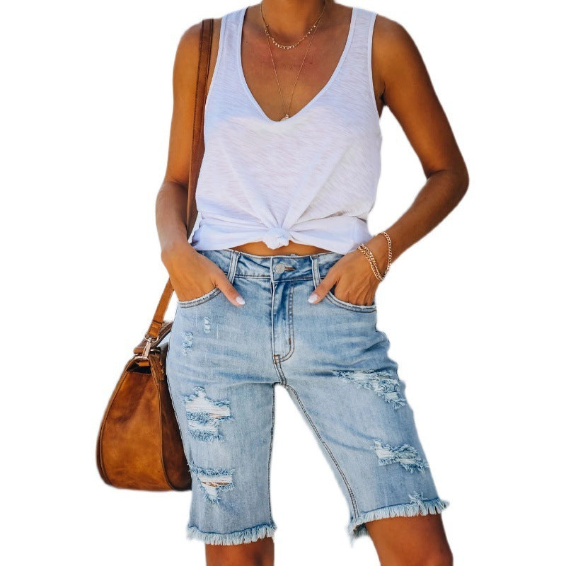 Women's Knee Length Ripped Denim Shorts