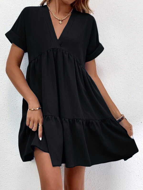 Black Front view of Ladies Short-sleeved V-neck Ruffled Summer Dress