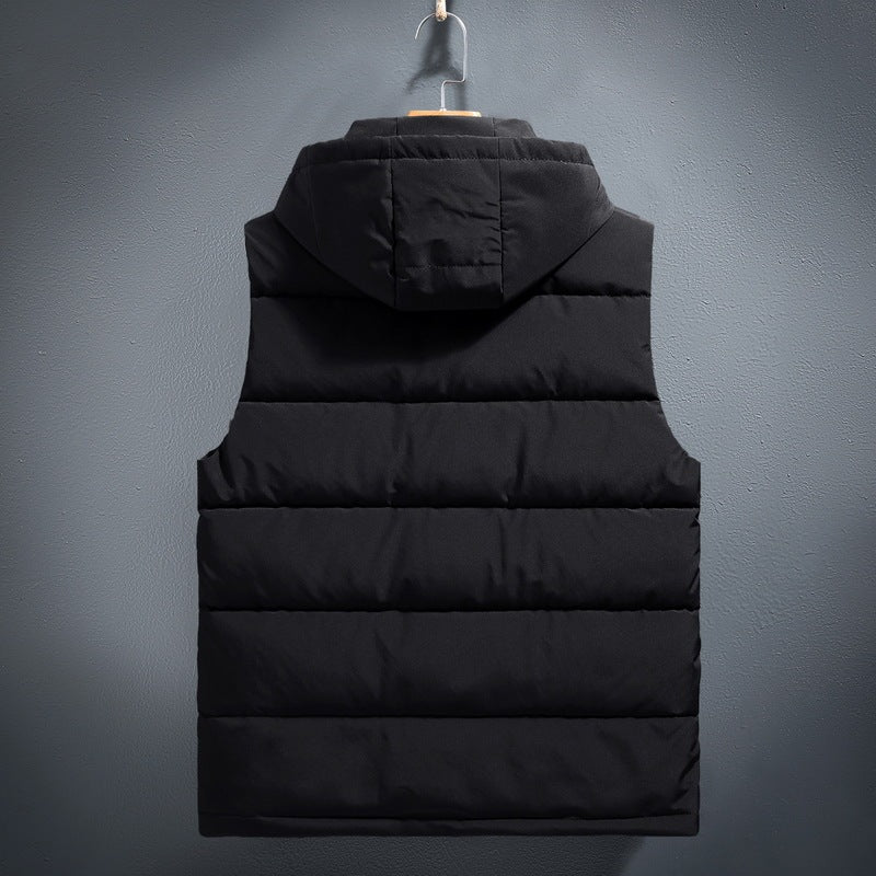 Thick Fleece-lined Warm Down Cotton Waistcoat Vest With Hood