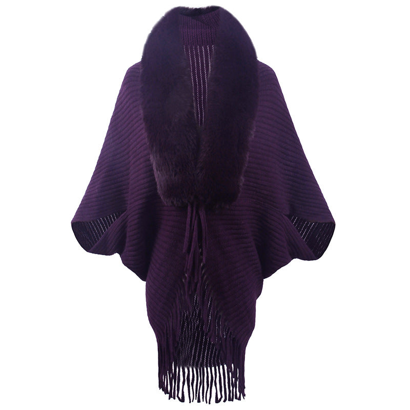 Fur Collar Tassel Shawl for Winter Warmth