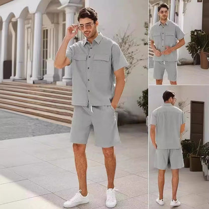 Men Summer Short Sleeve Suit with Lapel Pockets